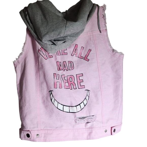 Oh My Disney Women's M “We’re All Mad Here” Pink Striped Distressed Hoodie Y2K M - Picture 4 of 11